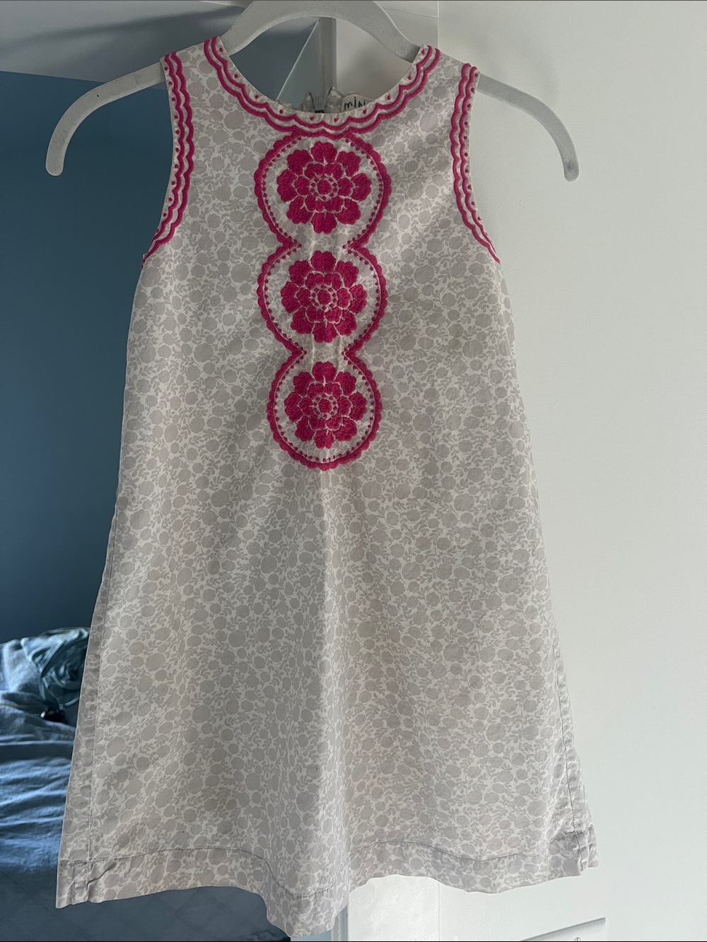 Mini Biden White Gray Dress with Pink Floral Embroidery girls 7-8y